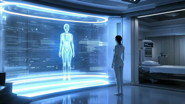 A woman observes a holographic representation of human anatomy in a futuristic medical setting with high tech screens