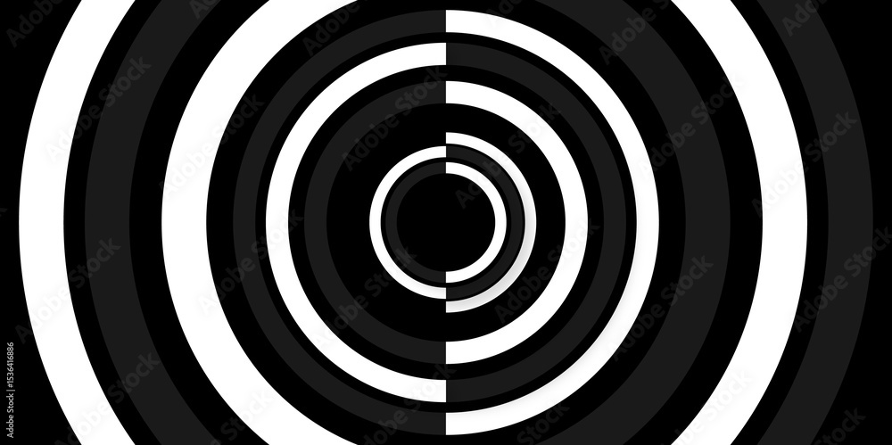 Poster black and white abstract background with circle lines spiral. optical illusion tunnel with black and