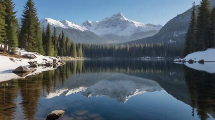 Snowy mountains reflected in a calm lake surrounded by trees and snow covered shoreline area view
