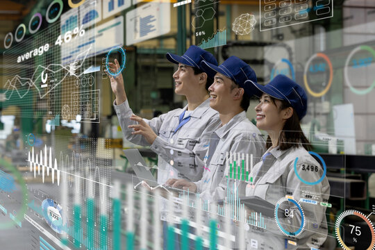 男女作業員とデジタルテクノロジーのコンセプト