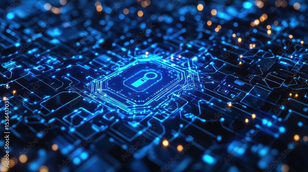 Wall mural illuminated blue circuit board with a central keyhole symbol and bokeh lights in the background