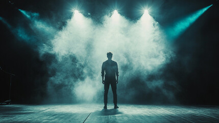Man Standing on Stage in Dramatic Lighting Surrounded by Smoke and Beams High Contrast Rule of Thirds Composed