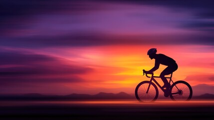 Fototapeta premium A silhouette of a cyclist riding against a vibrant sunset, showcasing motion and endurance, This image is ideal for promoting cycling, fitness