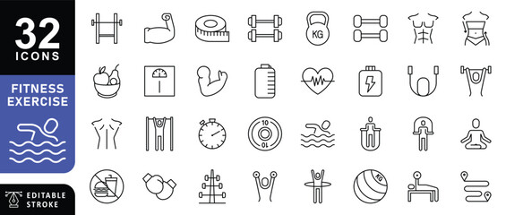 Fitness Exercise Workout Line Icons. Editable Stroke.  Contains such icons as Bodybuilding, Heartbeat, Swimming, Cycling, Running, Diet.