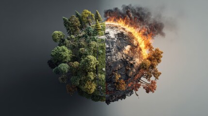Fototapeta premium Split image depicting Earth divided into two halves, one side lush with greenery and trees, the other side burning with flames and urban decay, illustrating environmental contrast and urgency