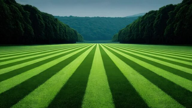 Striped green lawn with symmetrical pattern and lush grass, tree lined avenue, outdoor park landscape, vibrant summer colors, peaceful nature, well maintained garden, recreation area, alternating