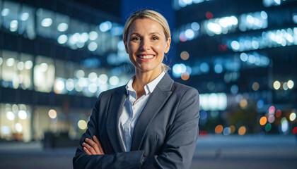 Business woman by night: An executive female stands confidently in front of city buildings. The image portrays a modern, successful businesswoman with a radiant smile.