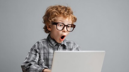 Child with curly hair and glasses is engaged with a laptop, displaying a surprised expression, capturing a moment of joy and curiosity in a simple environment