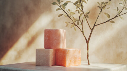 Minimalist Arrangement of Pink and Orange Stone Cubes with a Small Tree Bathed in Soft Natural Sunlight