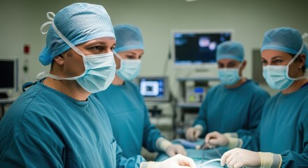 Group of surgeons in scrubs performing surgery in a modern operating room. Medical equipment and monitors are visible in the background.