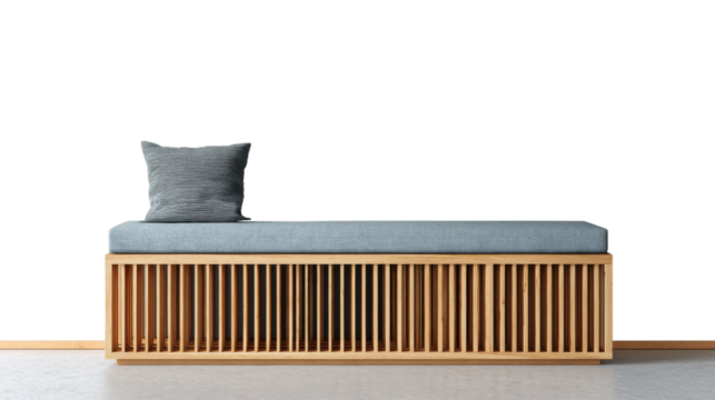 Modern living room features a sleek wooden sofa with soft grey cushions, backed by a clear transparent wall for natural lighting.  - Powered by Adobe