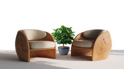 
Pair of modern semicircular chairs made of wood, featuring comfortable beige cushions, shown on a clear transparent background.