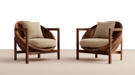 Minimalist wooden chairs with curved backs and beige cushions, isolated on transparent background with bright light tones.  
