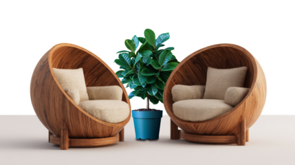 Two elegant semicircular wooden chairs with soft beige cushions, displayed on a transparent background for interior design use.  