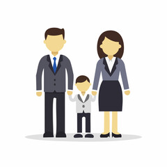A family of three, parents and child, dressed in business attire, standing together holding hands.