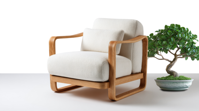 Stylish wooden chairs with semicircular frames and neutral beige cushions, isolated for easy use in design projects. 