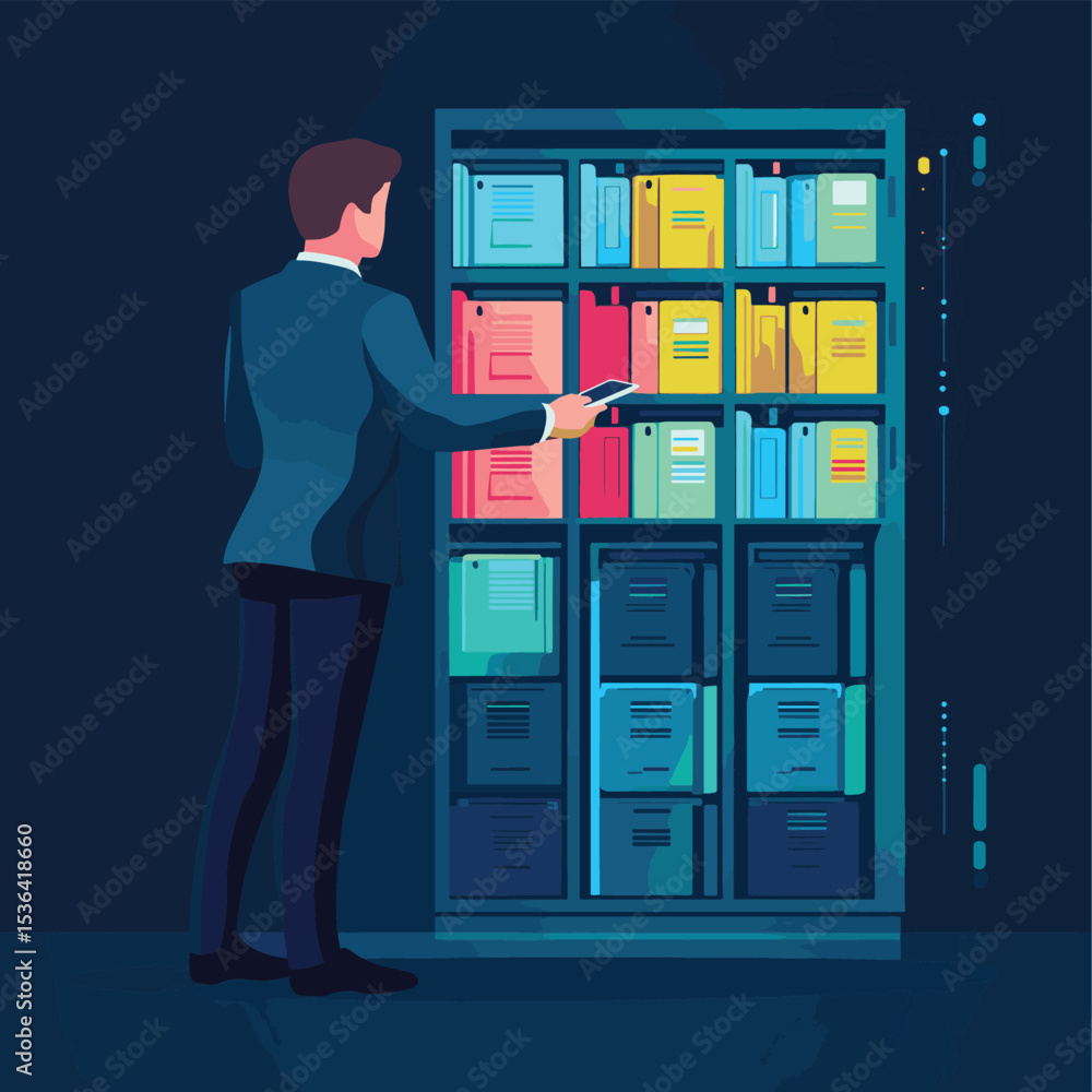 Poster businessman save documents in folders. business data security. protect online files. technology data