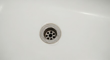 A close-up view of a stainless steel sink drain in a white basin. The drain features a circular design with multiple holes for water flow.