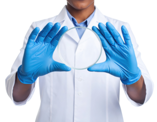 A scientist wearing a white lab coat and blue gloves holds a clear, round petri dish with both hands.