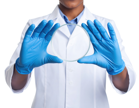 A scientist wearing a white lab coat and blue gloves holds a clear, round petri dish with both hands.