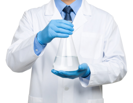 Scientist in a lab coat and blue gloves holding a conical flask filled with a clear liquid.