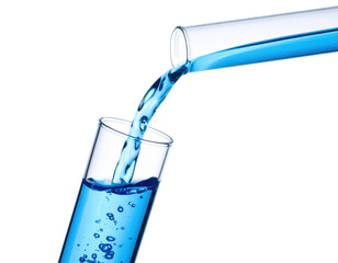 Blue liquid is being poured from a test tube into another test tube, creating bubbles in the filling clear container