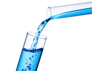 Blue liquid is being poured from a test tube into another test tube, creating bubbles in the filling clear container