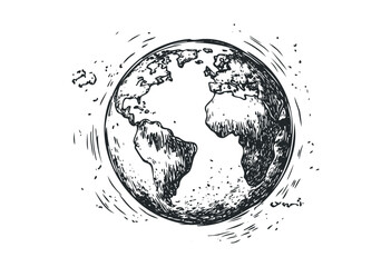 Hand-drawn globe illustrating continents and oceans in vintage style. Vector retro hand drawn illustration