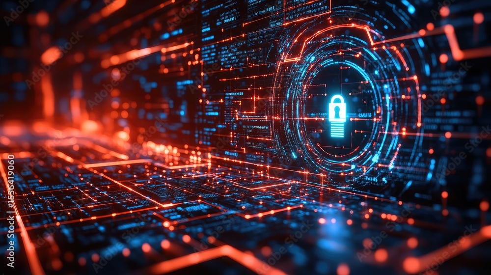 Wall mural a digital network with a padlock in the center surrounded by glowing circles and circuit board eleme