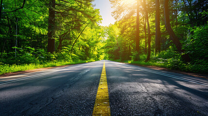Fototapeta premium Serene Sunlit Forest Paths: Morning Light Filtering Through Lush Canopies