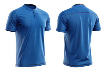 blue short sleeve t-shirt with mandarin collar, front and back view, athletic sportswear apparel mockup on white background.