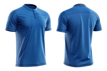 blue short sleeve t-shirt with mandarin collar, front and back view, athletic sportswear apparel mockup on white background.