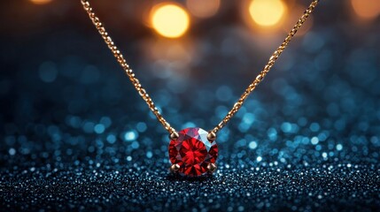 Gold necklace with a large red gemstone,  dark background, bokeh