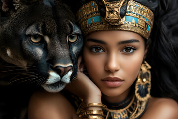 Young african female with panther in egyptian-inspired attire