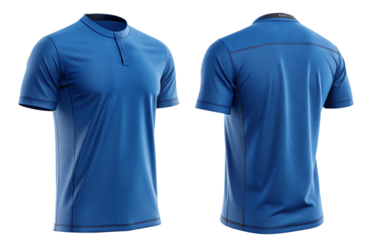 blue short sleeve t-shirt with mandarin collar, front and back view, athletic sportswear apparel mockup on white background.