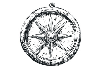 Hand-drawn vintage compass design with nautical elements. Vector retro hand drawn illustration