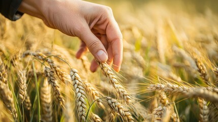 A hand touching a golden wheat ear in a field of wheat.