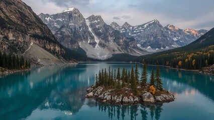 Aerial view of moraine lake with rocky island pine trees and snow capped mountains in the background