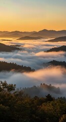Obraz premium Morning Fog Rolling Through Mountain Valley at Sunrise