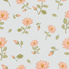 Soft pastel lotus flower seamless repeat pattern with gentle colors on light background, ideal for spring fashion, stationery and fabric prints.