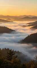 Fototapeta premium Morning Fog Rolling Through Mountain Valley at Sunrise