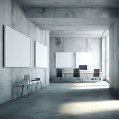 Spacious home office with concrete textures, blank whiteboard frames, and modern desk setup.