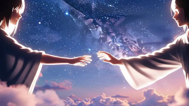 Fantasy Silhouette Art of Orihime and Hikoboshi Meeting Beneath the Milky Way