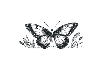 Intricate butterfly sketch with delicate wings and grass elements. Vector retro hand drawn illustration