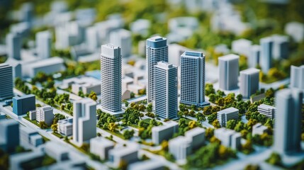A miniature model of a city with tall buildings and greenery, viewed from a distance with a focus on the foreground buildings.