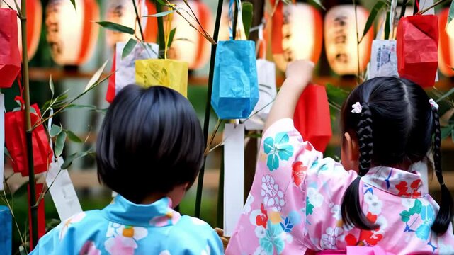 Children Hanging Tanabata Decorations at a Japanese Summer Festival
