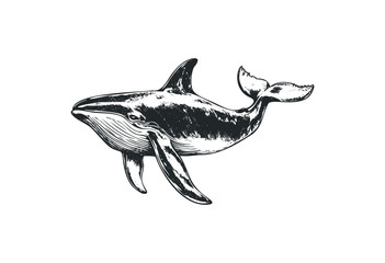 Fototapeta premium Detailed black and white humpback whale illustration in motion. Vector retro hand drawn illustration