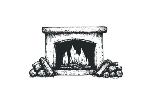 Hand-drawn fireplace with burning logs and wood piles. Vector retro hand drawn illustration
