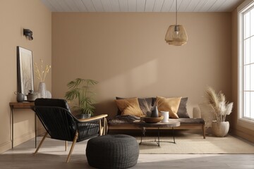 Bright open-concept living area with high ceilings, neutral tones, and stylish contemporary furniture.