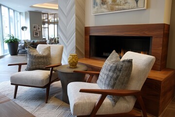 Natural wood accents, soft textures, and comfy armchairs create a cozy living room atmosphere.